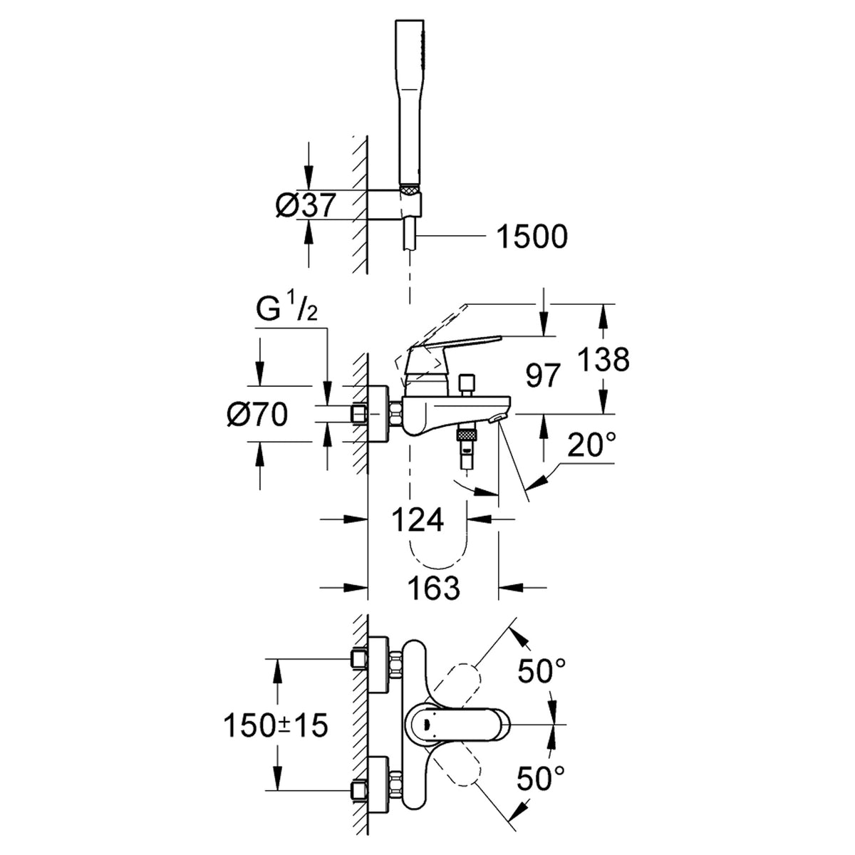 Grohe Eurosmart Cosmopolitan Banyo Bataryası + El Duşu Seti - Teknik Çizim