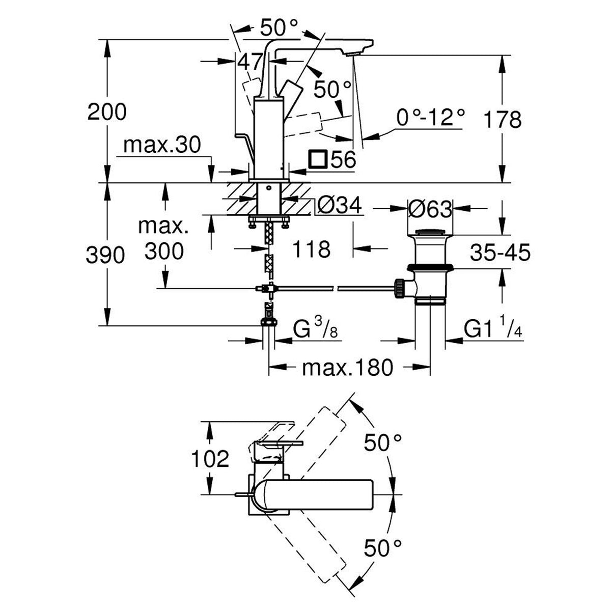 Grohe Allure Lavabo Bataryası, Sifon Kumandalı - Teknik Çizim