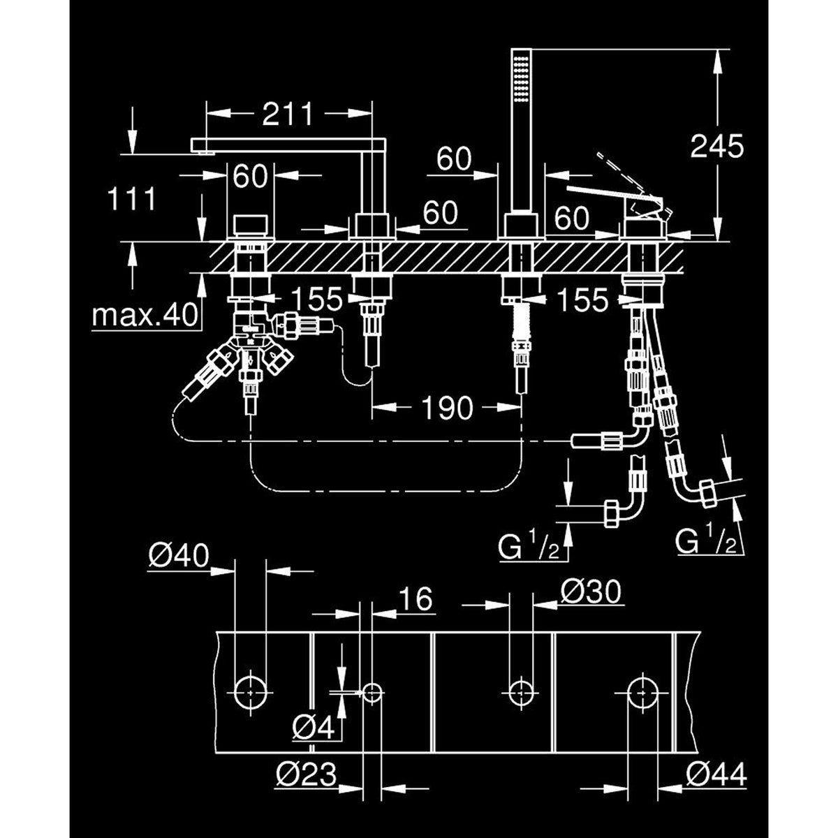 Grohe Plus Dört Delikli Küvet Bataryası - Teknik Çizim