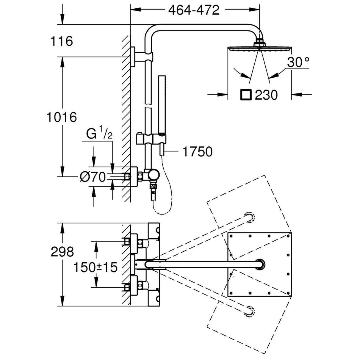 Grohe Euphoria System 230 Kolonlu Duş Paneli, Termostatik Duş Bataryası ile Birlikte - Teknik Çizim