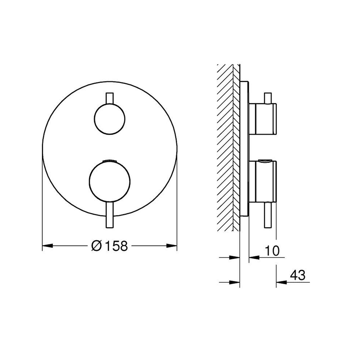 Grohe Atrio Termostatik Banyo/Duş Bataryası (Sıva Üstü Grubu), 2 Yollu, Fırçalı Sert Grafit - Teknik Çizim