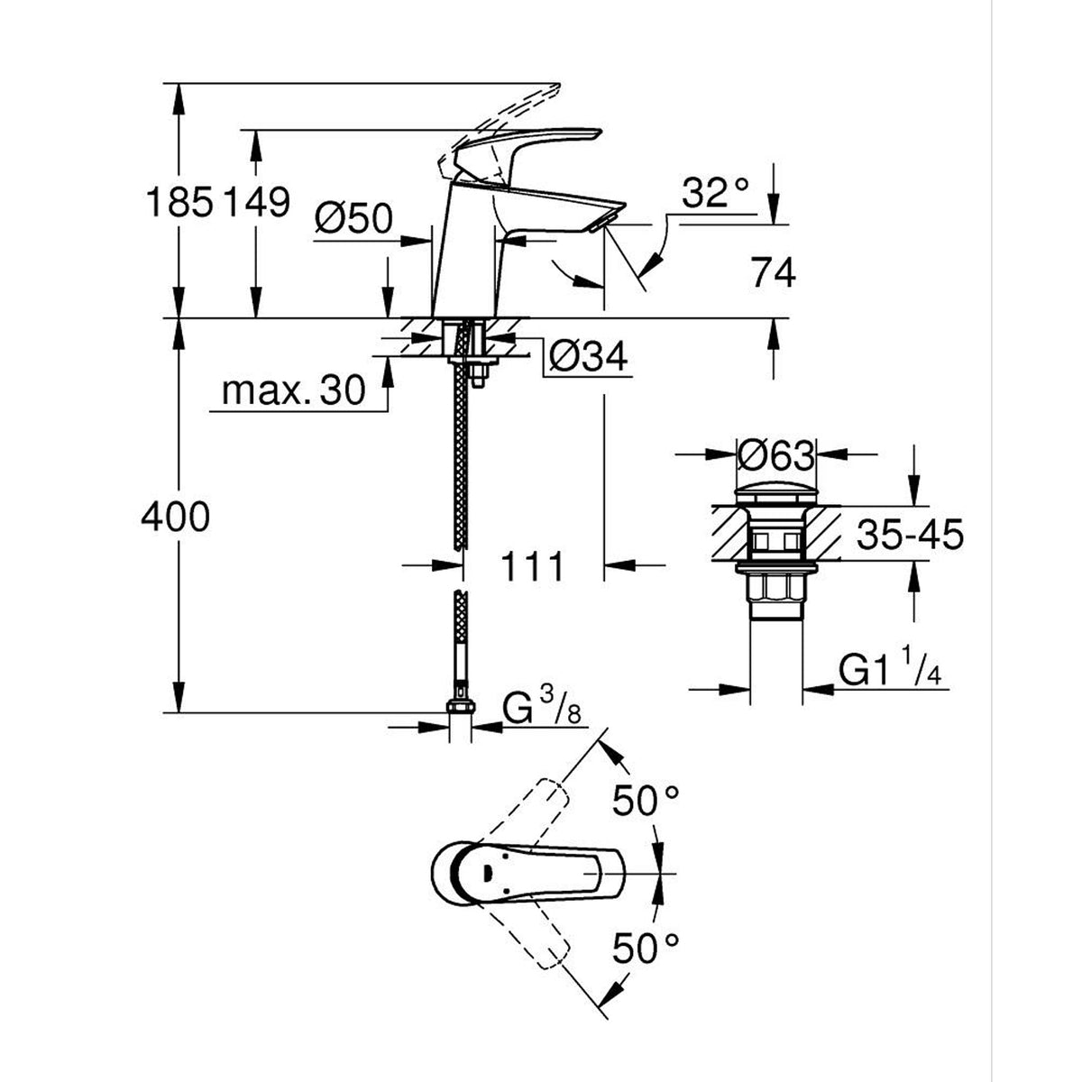 Grohe Eurosmart Lavabo Bataryası (S-Boy), Mat Siyah - Teknik Çizim