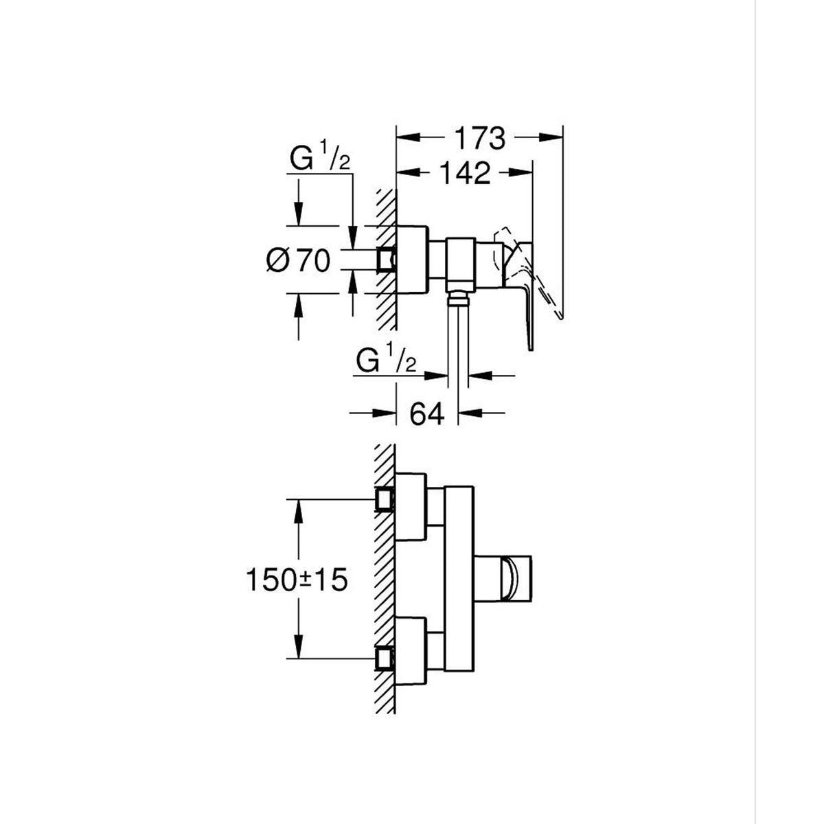 Grohe Lineare Duş Bataryası, Fırçalı Altın - Teknik Çizim