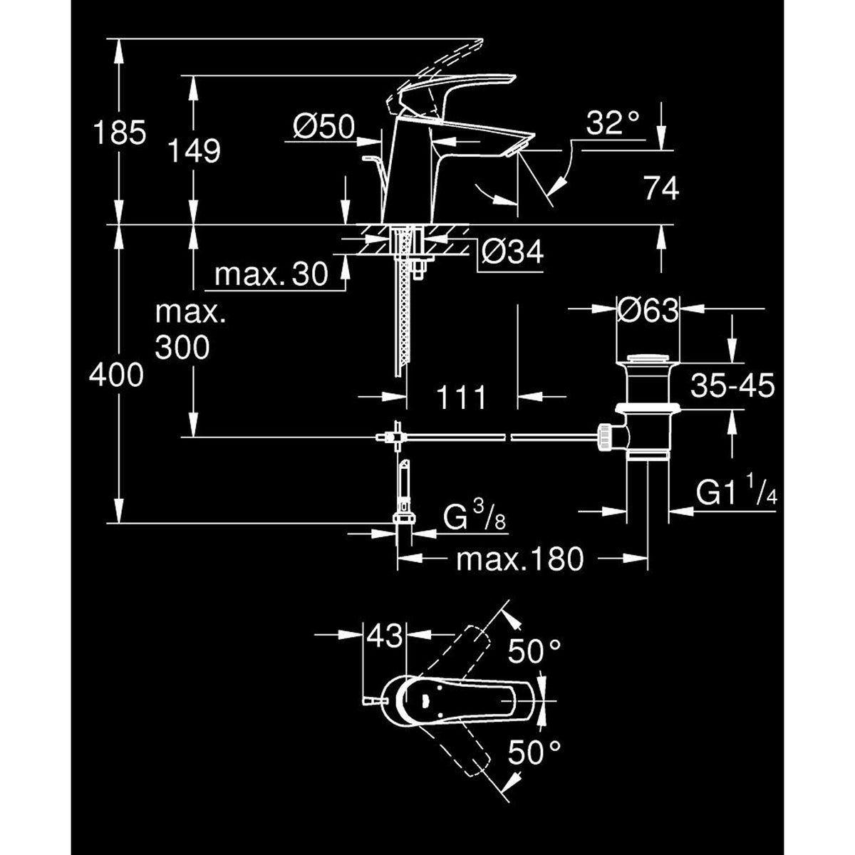 Grohe Eurosmart Sifon Kumandalı Lavabo Bataryası (S-Boy) - Teknik Çizim