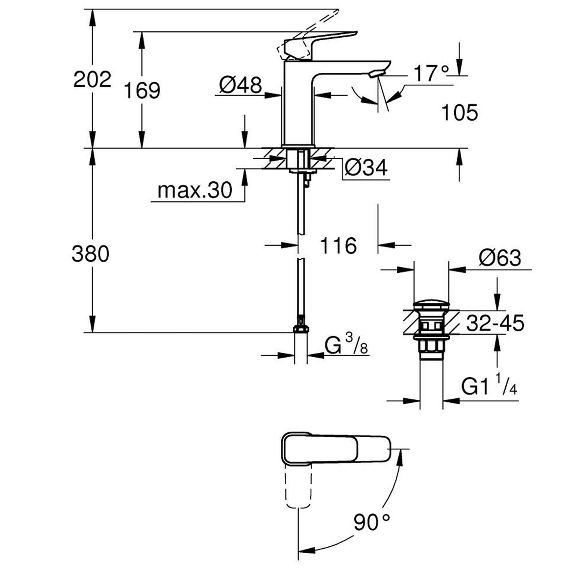 Grohe Cubeo Lavabo Bataryası, M-Boy - Teknik Çizim