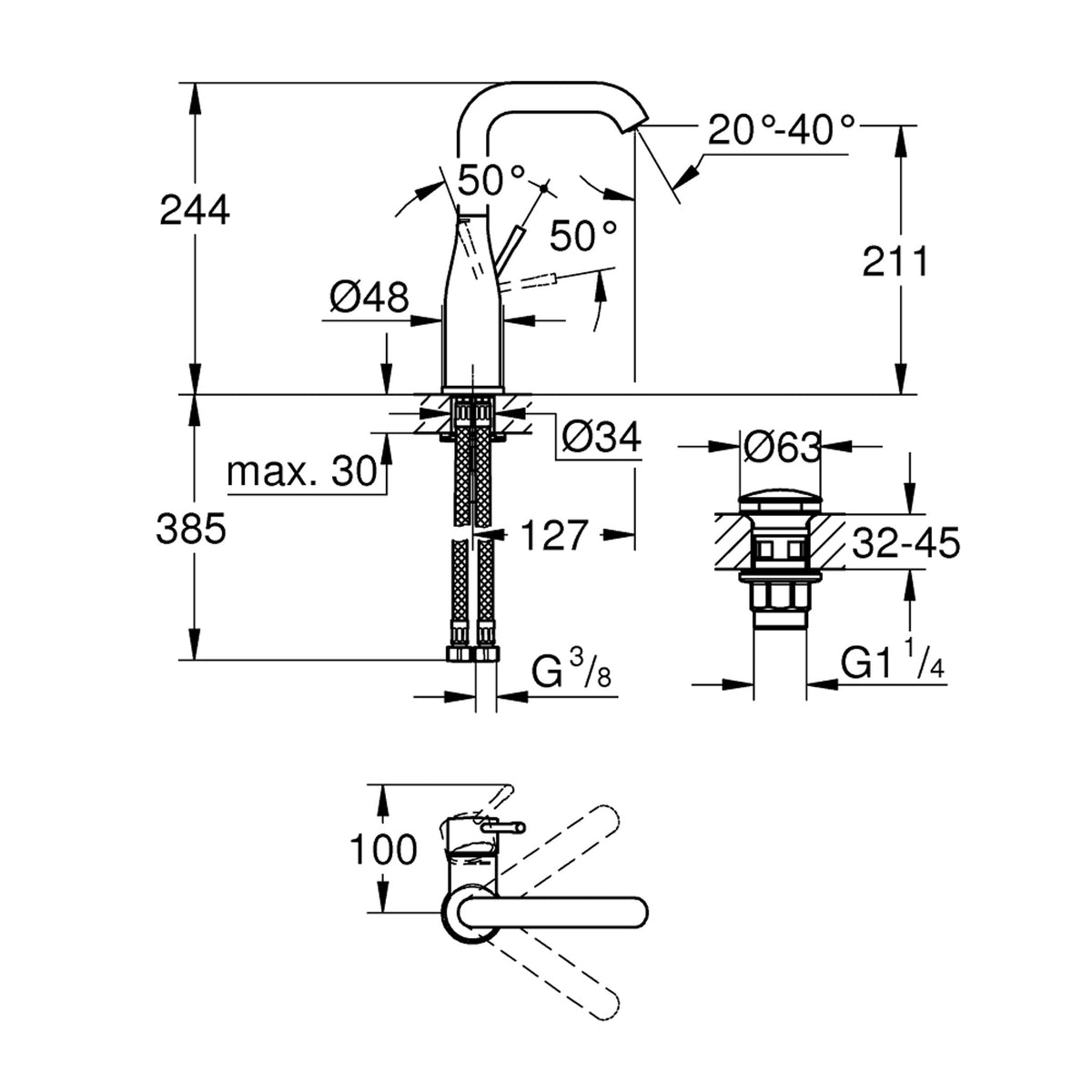 Grohe Essence Yüksek Lavabo Bataryası (L-Boy) - Teknik Çizim