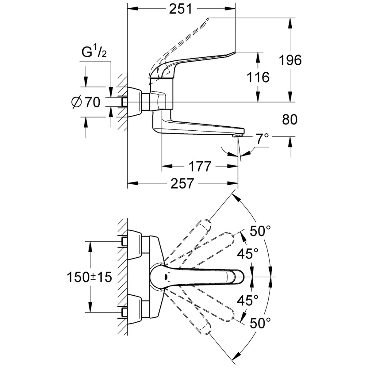 Grohe Euroeco Special Duvardan Lavabo Bataryası, 257 mm Çıkış Ucu - Teknik Çizim