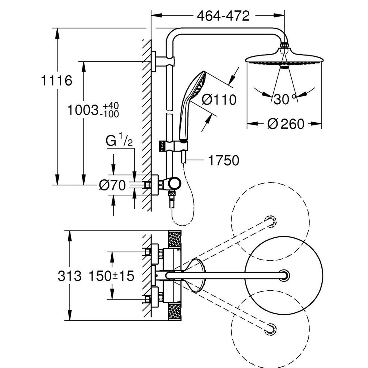 Grohe Euphoria System 260 Duvara Monte Termostatik Duş Bataryalı Duş Sistemi - Teknik Çizim