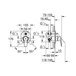 Grohe BauEdge Ankastre Banyo/Duş Bataryası - Teknik Çizim