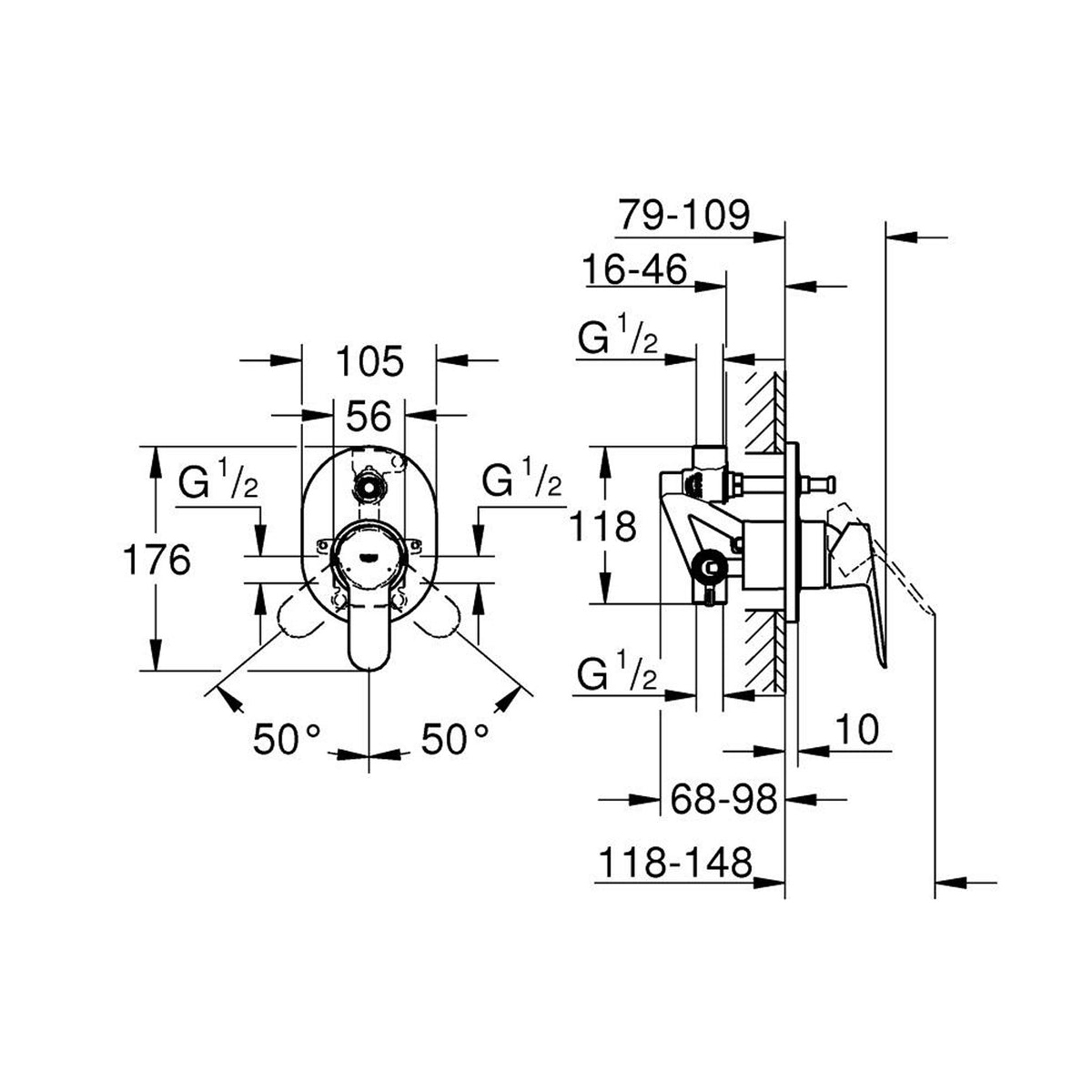 Grohe BauEdge Ankastre Banyo/Duş Bataryası - Teknik Çizim
