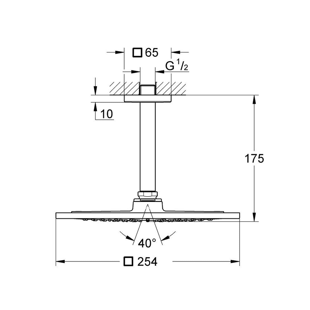 Grohe Rainshower Aqua Tavandan Tepe Duşu Seti, Tek Fonksiyonlu, 142 mm, Hayalet Siyah - Teknik Çizim