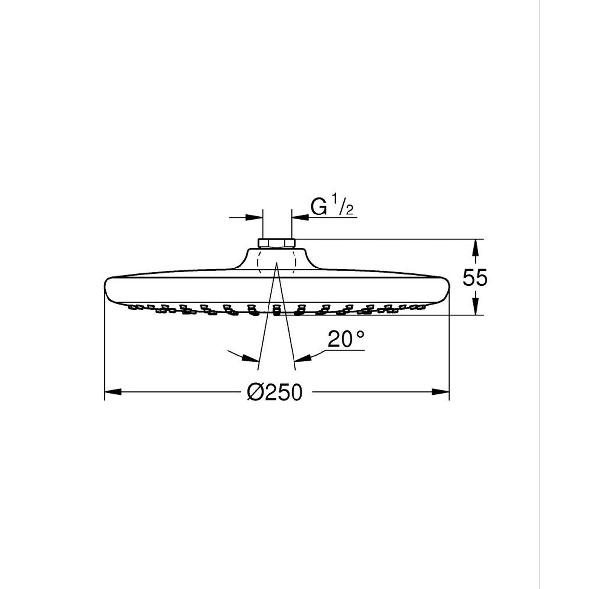 Grohe Tempesta 250 Tepe Duşu Tek Akışlı, 25 cm, Krom-Beyaz - Teknik Çizim