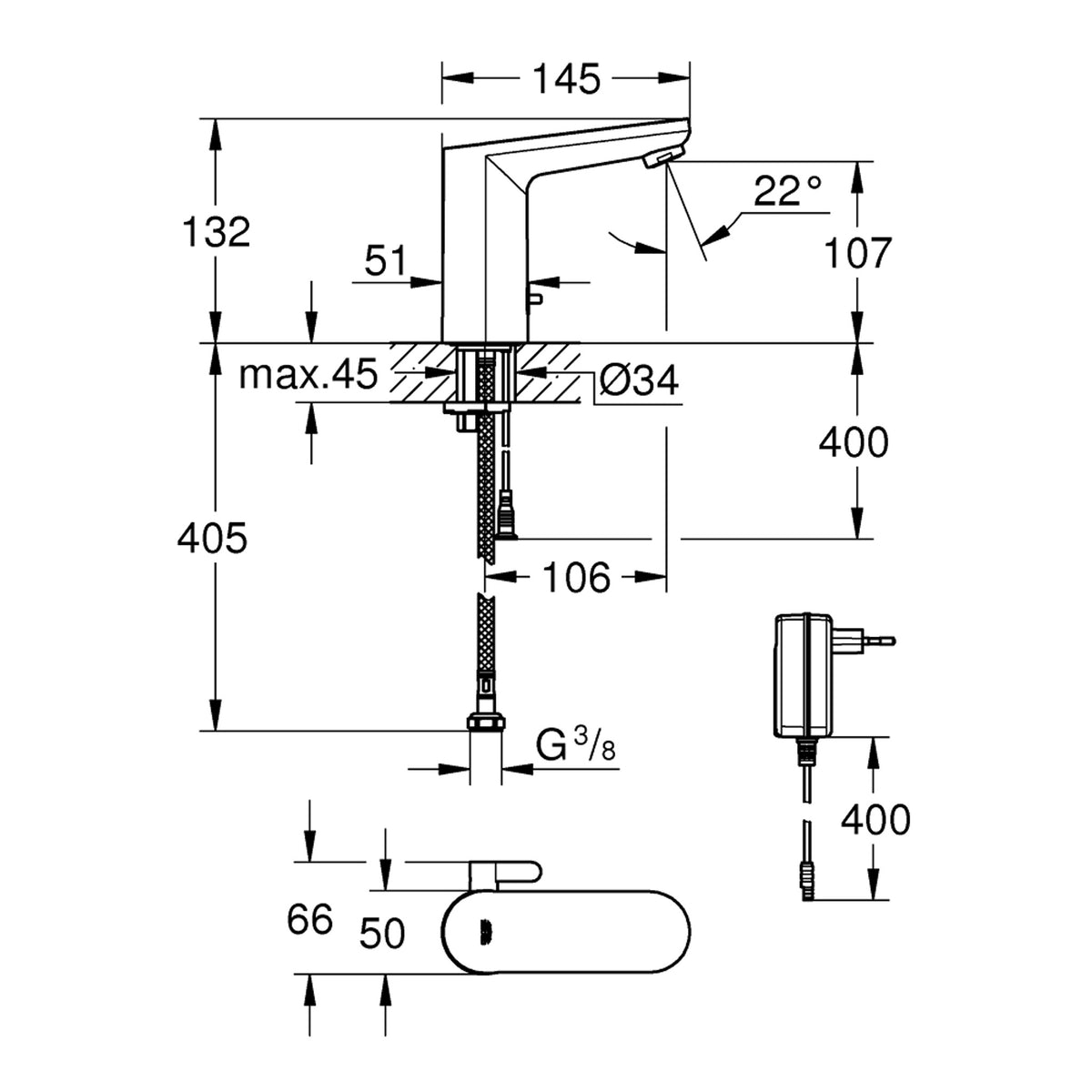 Grohe Eurosmart Cosmopolitan E Fotoselli Lavabo Bataryası (Elektrikli, Çift Su Girişli) - Teknik Çizim