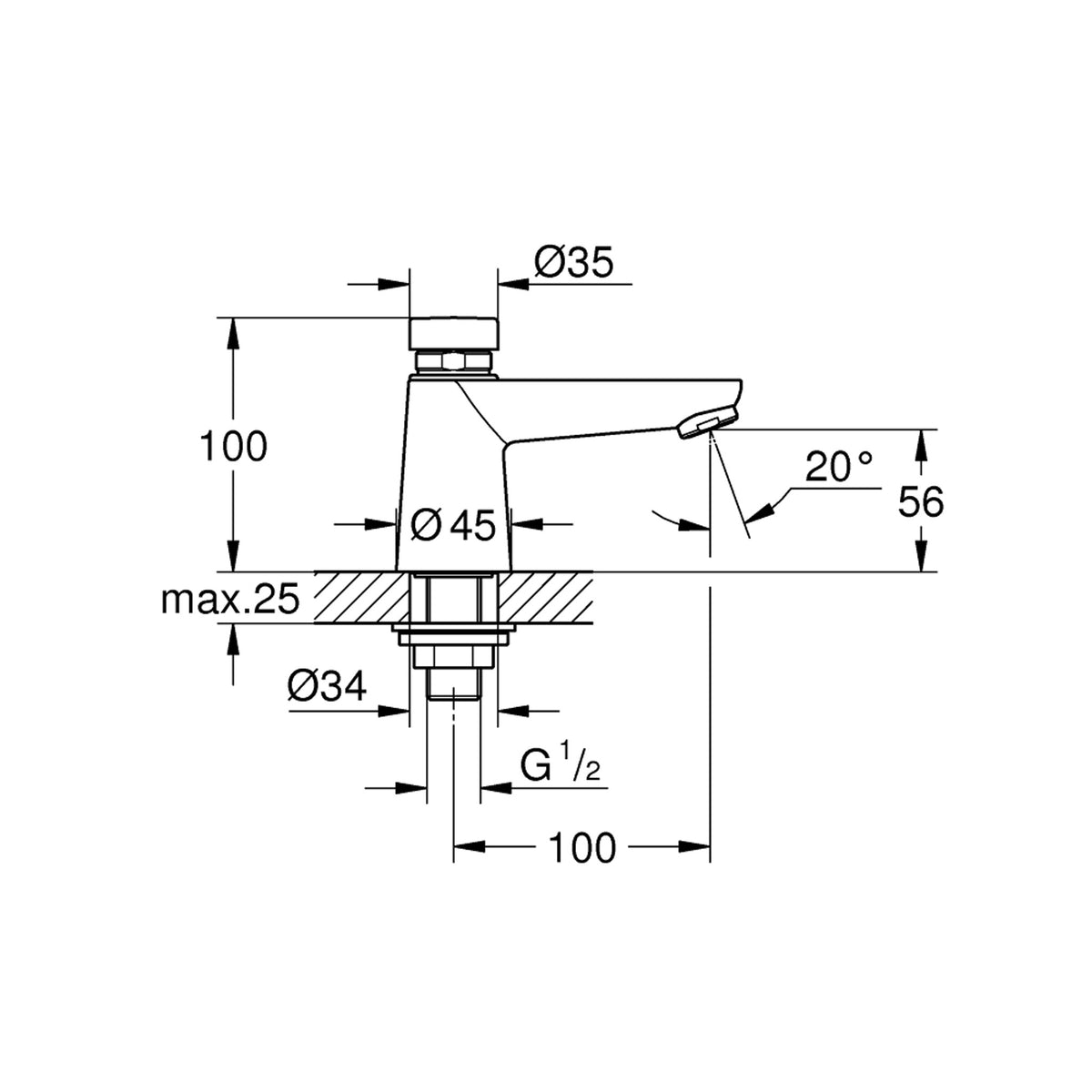Grohe Euroeco Cosmopolitan T Zaman Ayarlı Lavabo Bataryası - Teknik Çizim