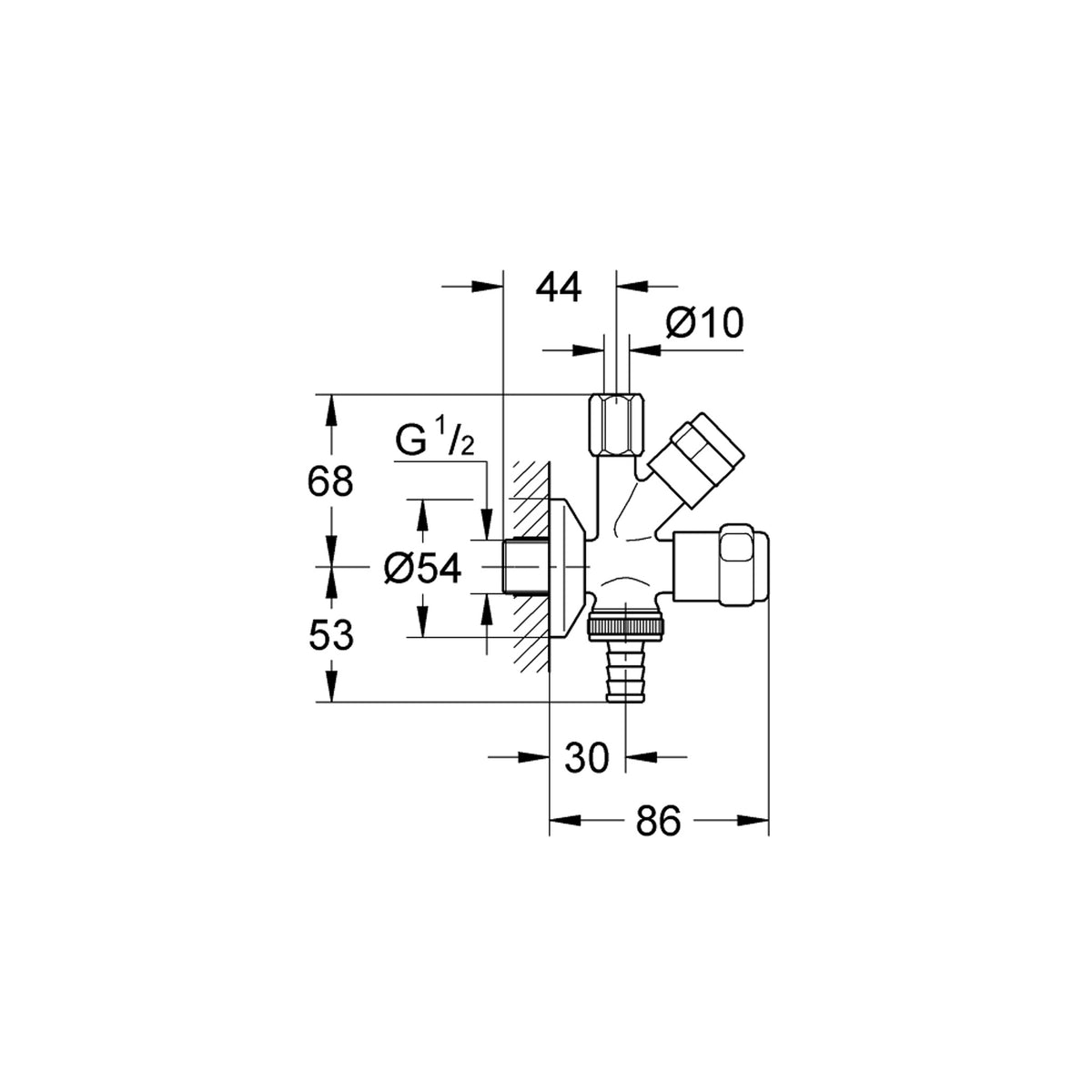 Grohe Bulaşık Makinaları ve Eviye Bataryaları İçin Çift Çıkışlı Ara Musluk - Teknik Çizim