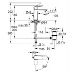 Grohe Cubeo Lavabo Bataryası, M-Boy (Sifon Kumandalı) - Teknik Çizim