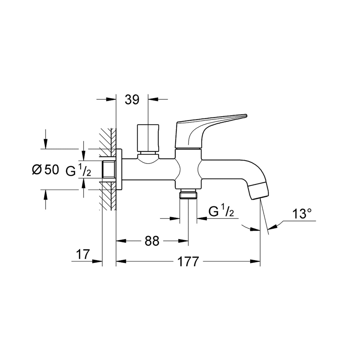 Grohe BauFlow El Duşu Çıkışlı Musluk - Teknik Çizim