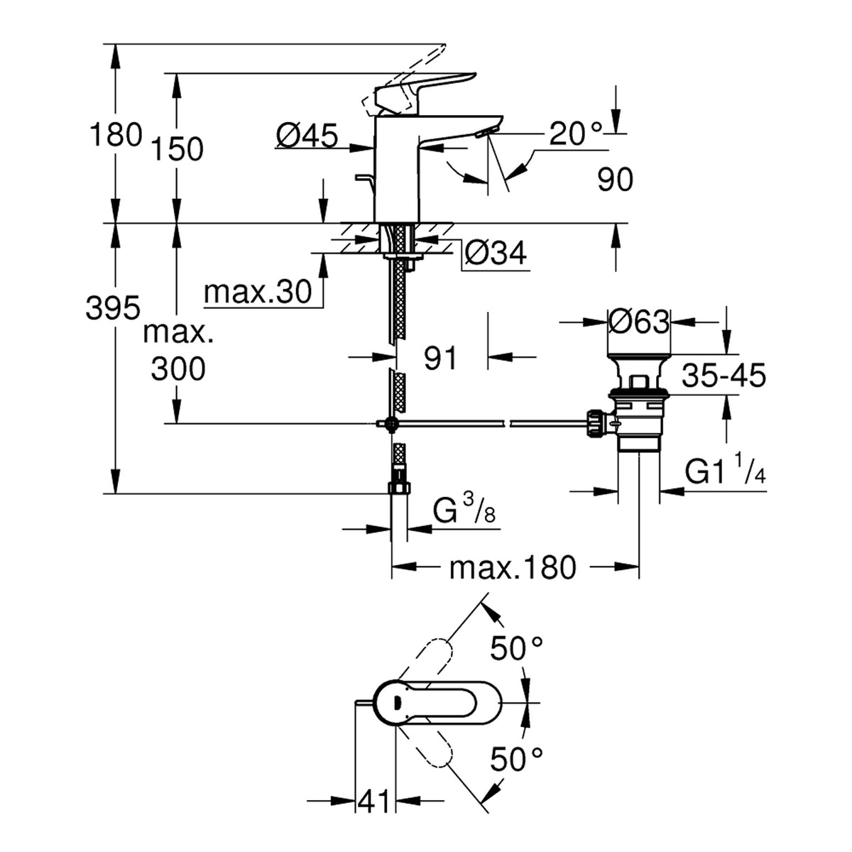 Grohe BauEdge Lavabo Bataryası, Sifon Kumandalı - Teknik Çizim