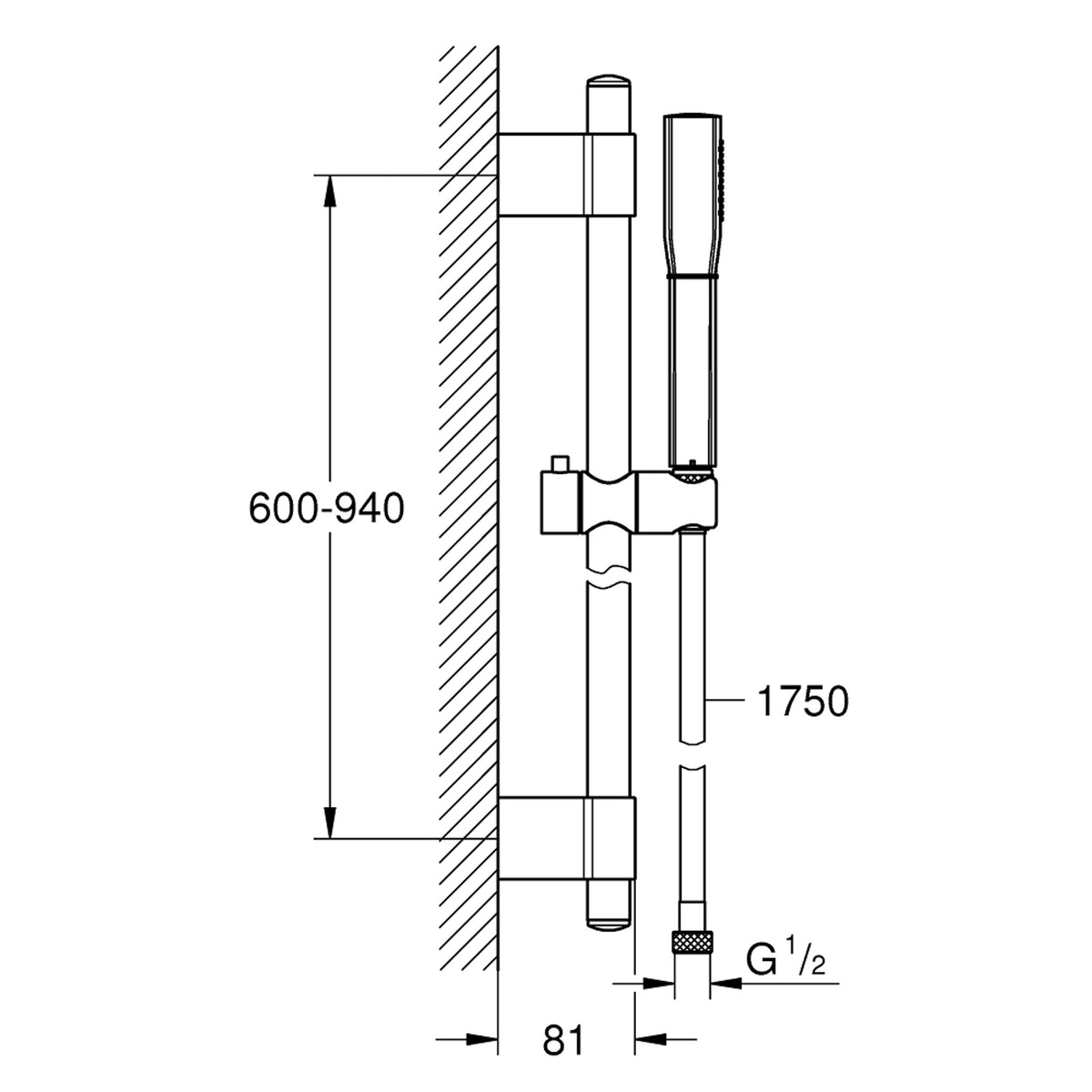 Grohe Grandera Stick Sürgülü Duş Seti, 1 Akışlı - Teknik Çizim