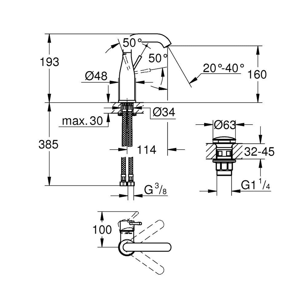 Grohe Essence Lavabo Bataryası (M-Boy) - Teknik Çizim