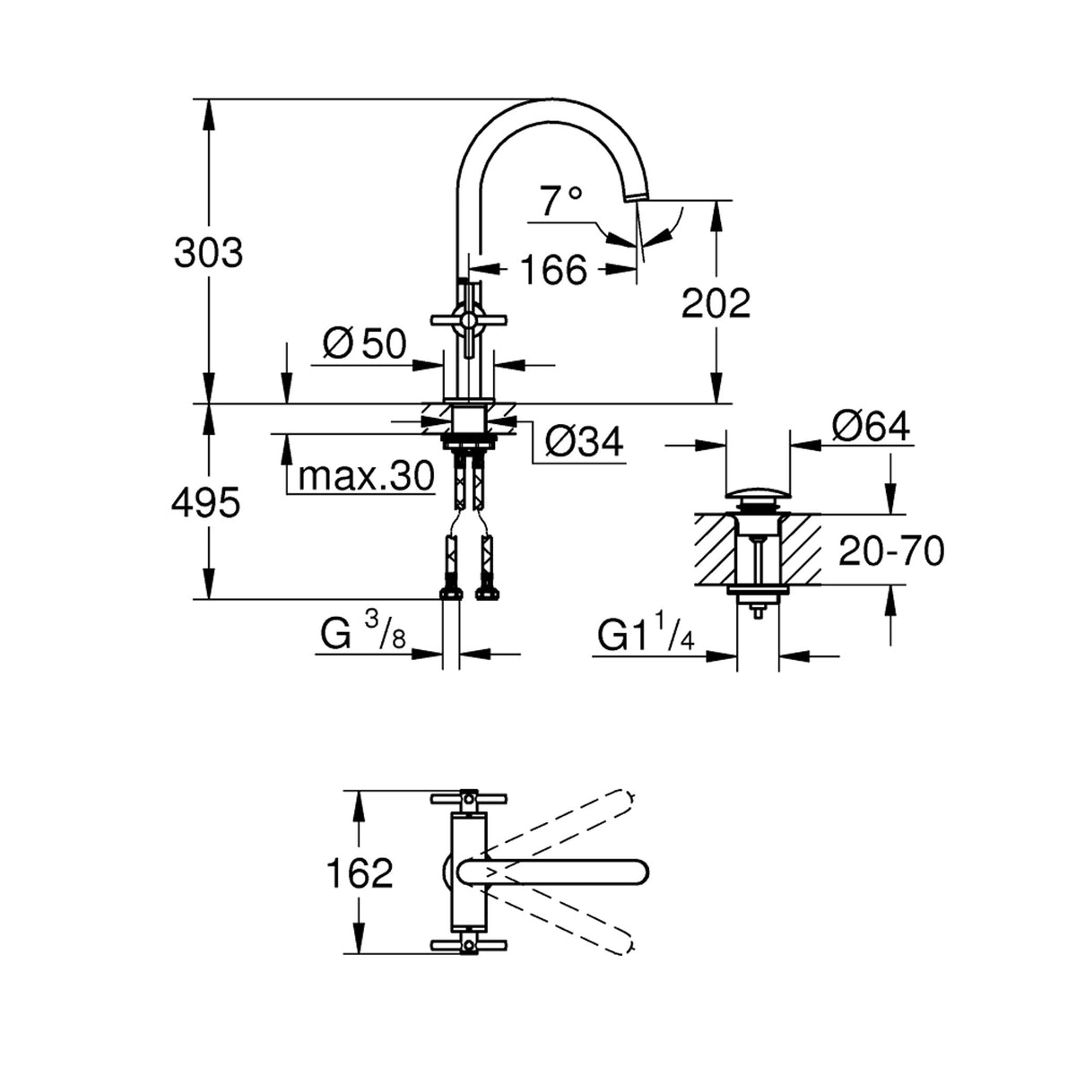 Grohe Atrio Yüksek Lavabo Bataryası (L-Boy), Paslanmaz Çelik - Teknik Çizim
