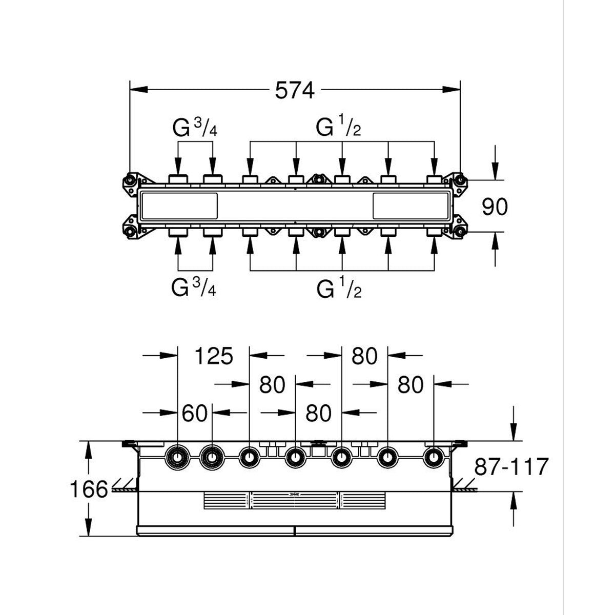 Grohe Grohtherm Aqua Tiles SmartControl Termostatik Ankastre Banyo Bataryası, 5 Çıkışlı (Sıva Altı Grubu) - Teknik Çizim