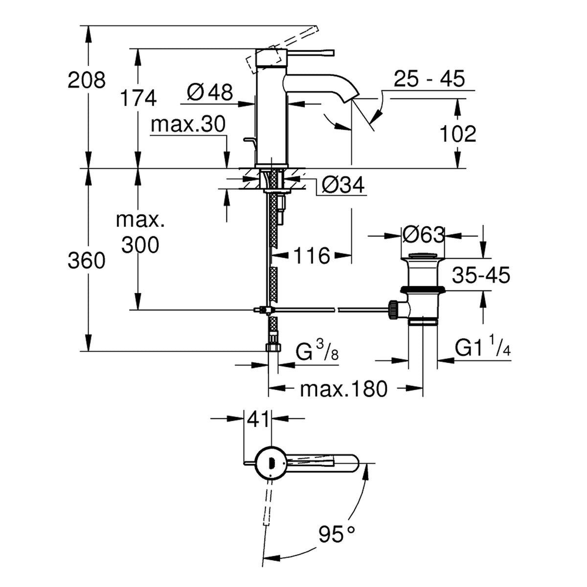 Grohe Essence Lavabo Bataryası, Sifon Kumandalı (S-Boy) - Teknik Çizim