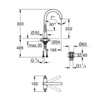 Grohe Atrio Yüksek Lavabo Bataryası (L-Boy), Altın - Teknik Çizim