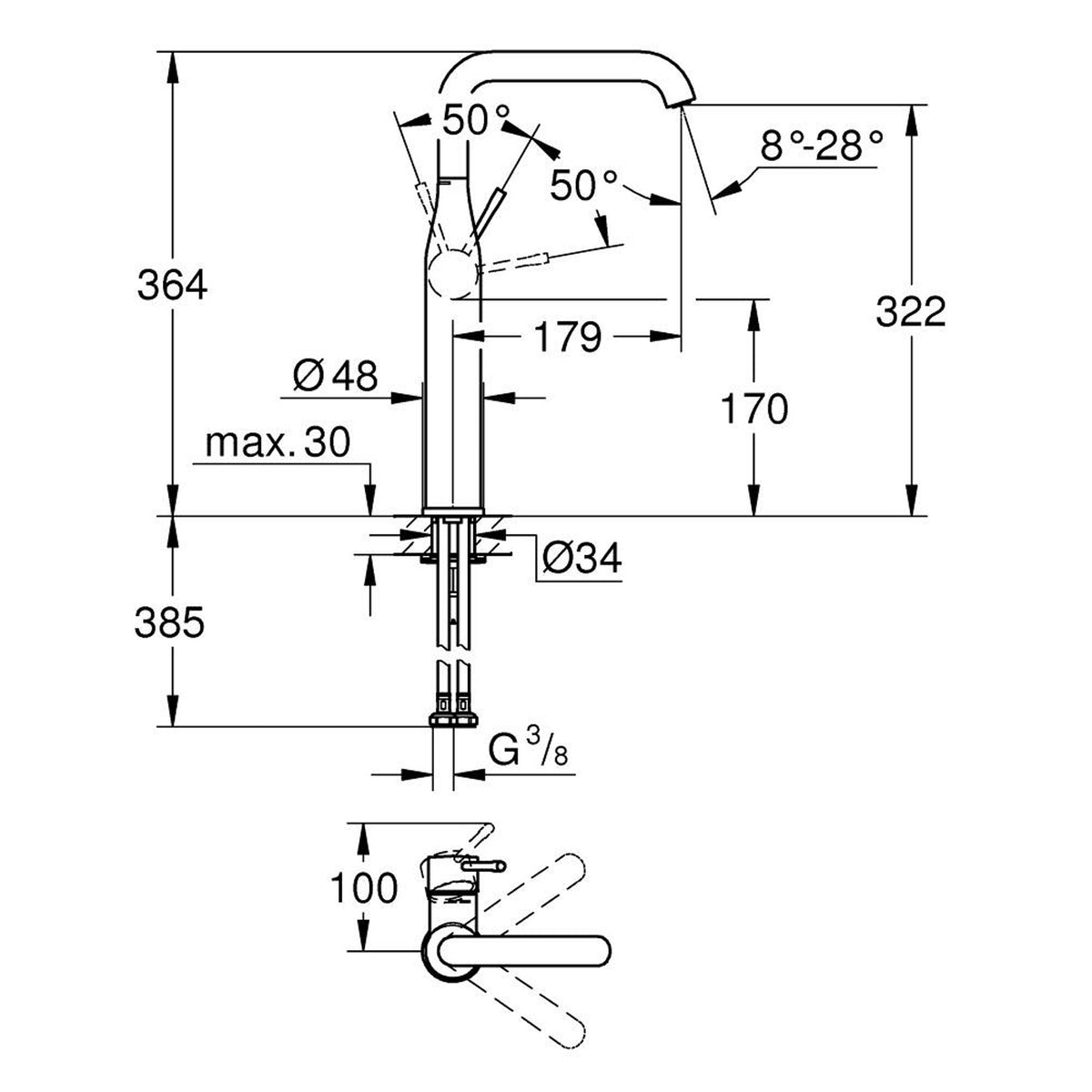 Grohe Essence New Lavabo Bataryası - Teknik Çizim