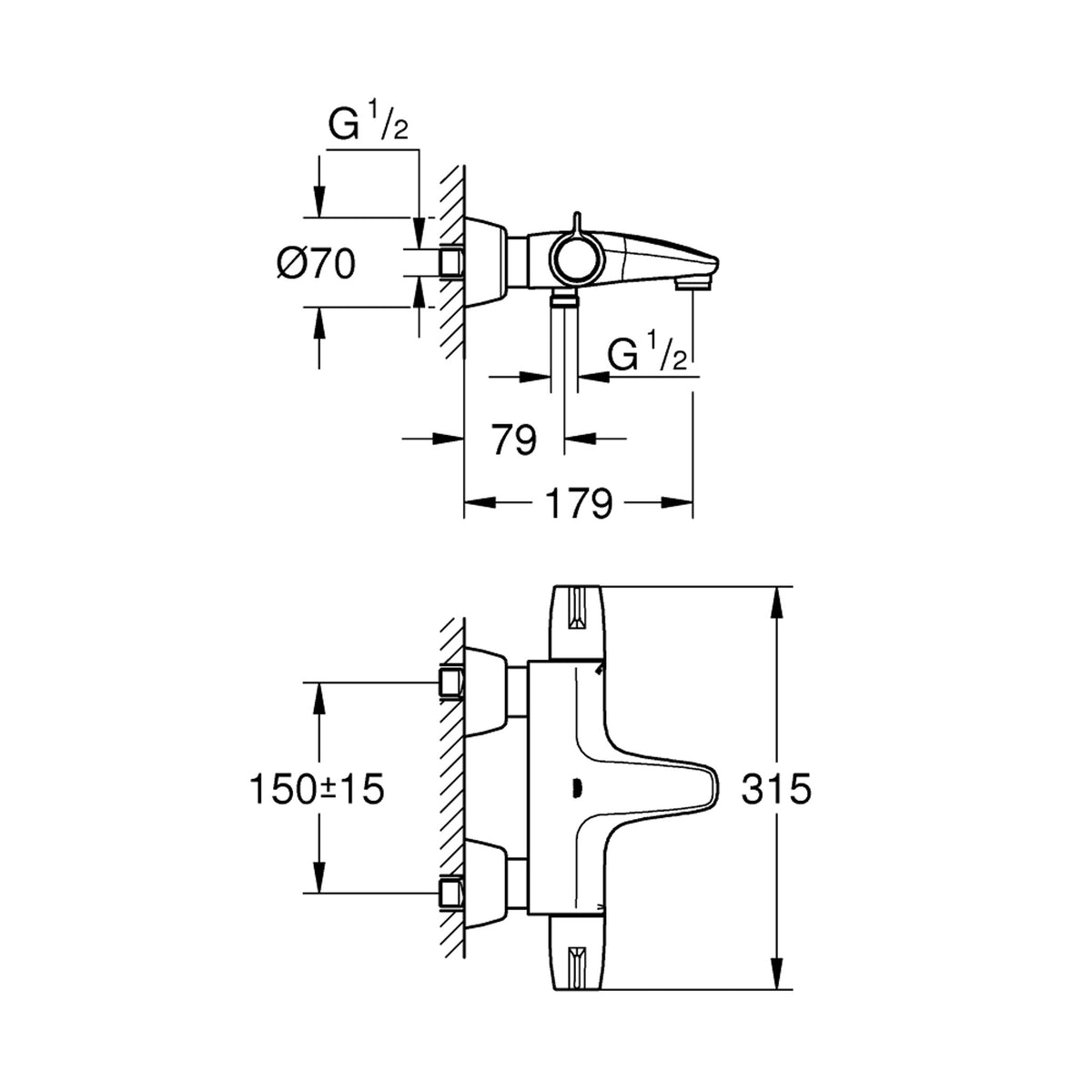 Grohe Grohtherm Special Termostatik Banyo Bataryası - Teknik Çizim