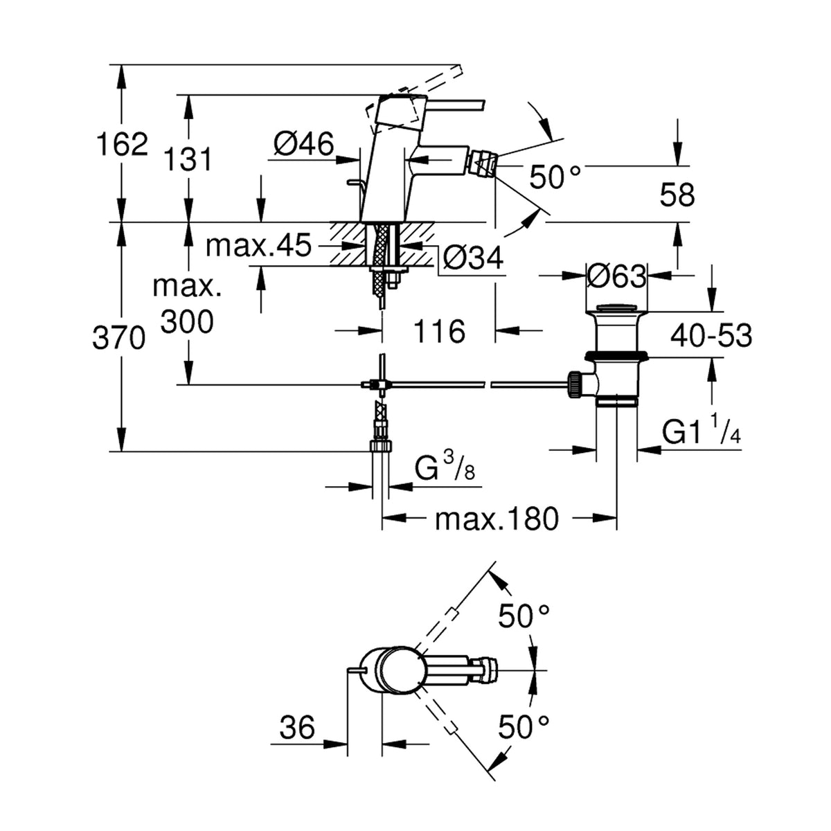 Grohe Concetto Sifon Kumandalı Bide Bataryası (S-Boy) - Teknik Çizim