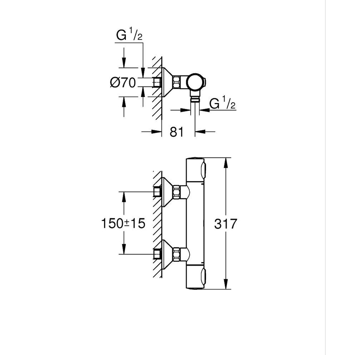 Grohe Grohtherm 500 Termostatik Duş Bataryası, Mat Siyah - Teknik Çizim