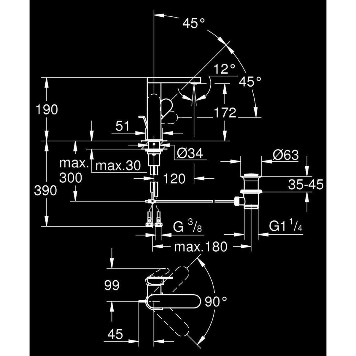 Grohe Plus Yüksek Lavabo Bataryası, Sifon Kumandalı, Fırçalı Sert Grafit (M Boy) - Teknik Çizim