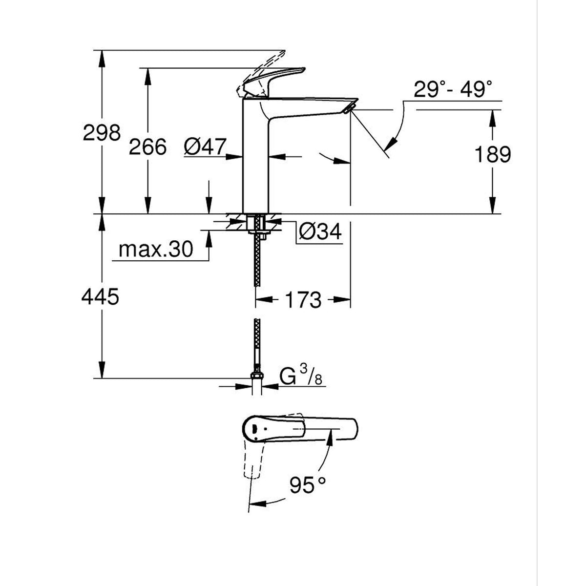 Grohe Eurosmart Tezgah Üstü Lavabo Bataryası - Teknik Çizim