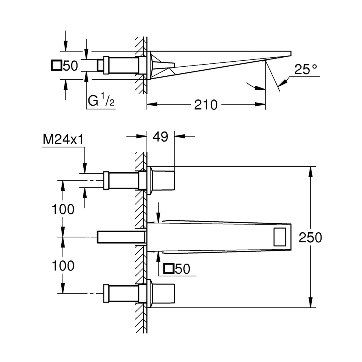 Grohe Allure Brilliant L-Boy, 3 Delikli Duvardan Ankastre Lavabo Bataryası (Sıva Üstü Grubu) - Teknik Çizim