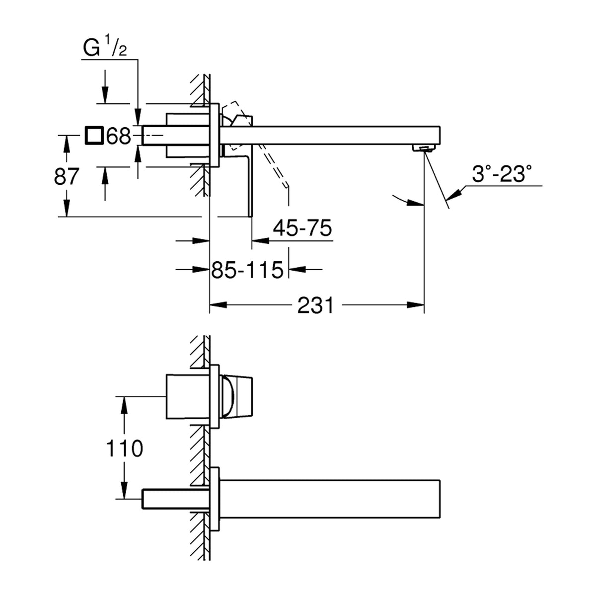 Grohe Eurocube Ankastre 2 Delikli Lavabo Bataryası (Sıva Üstü Grubu), Paslanmaz Çelik - Teknik Çizim