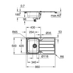Grohe Minta El Duşlu Mutfak Bataryası ve Eviye Seti (Sağ-Sol Damlalıklı, 86x50 cm) - Teknik Çizim