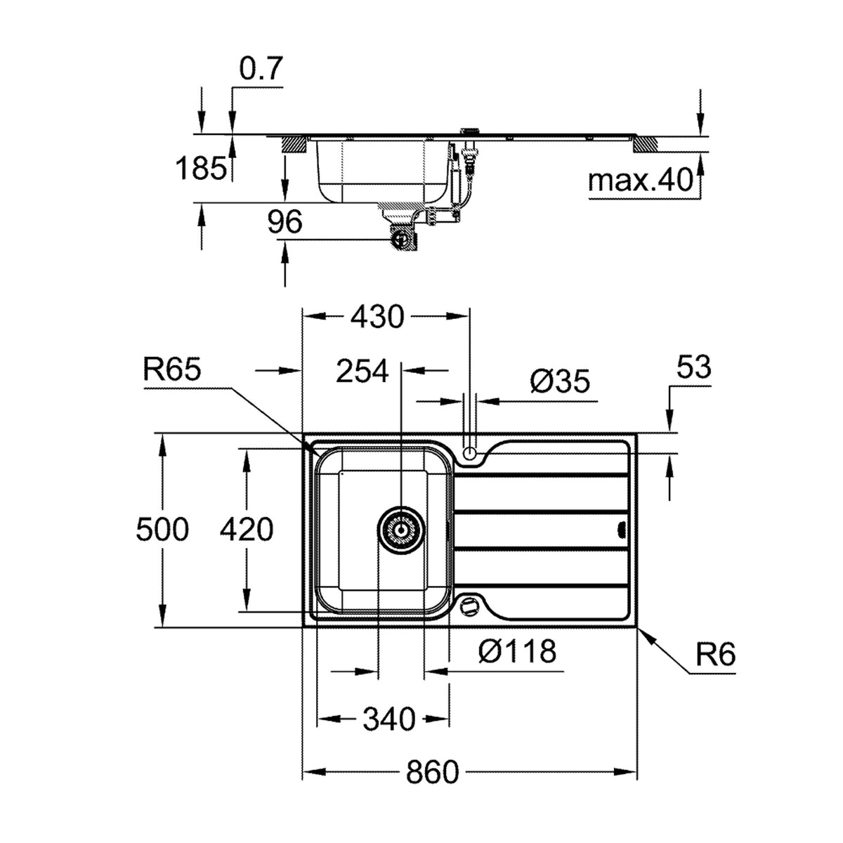 Grohe Minta El Duşlu Mutfak Bataryası ve Eviye Seti (Sağ-Sol Damlalıklı, 86x50 cm) - Teknik Çizim
