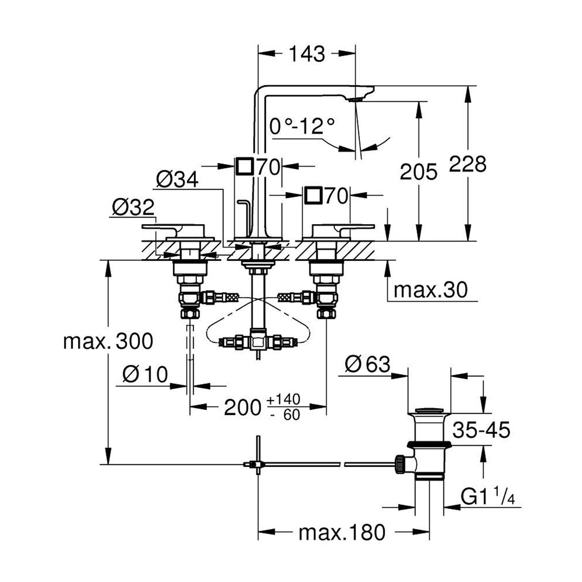 Grohe Allure 3 Delikli Ankastre Lavabo Bataryası, Paslanmaz Çelik - Teknik Çizim