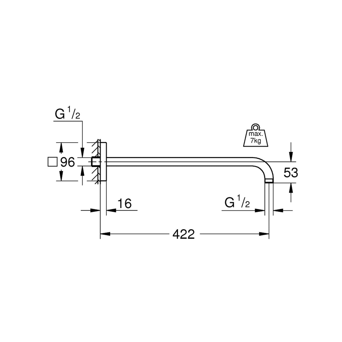 Grohe Rainshower Duş Başlığı Kolu, 422 mm - Teknik Çizim