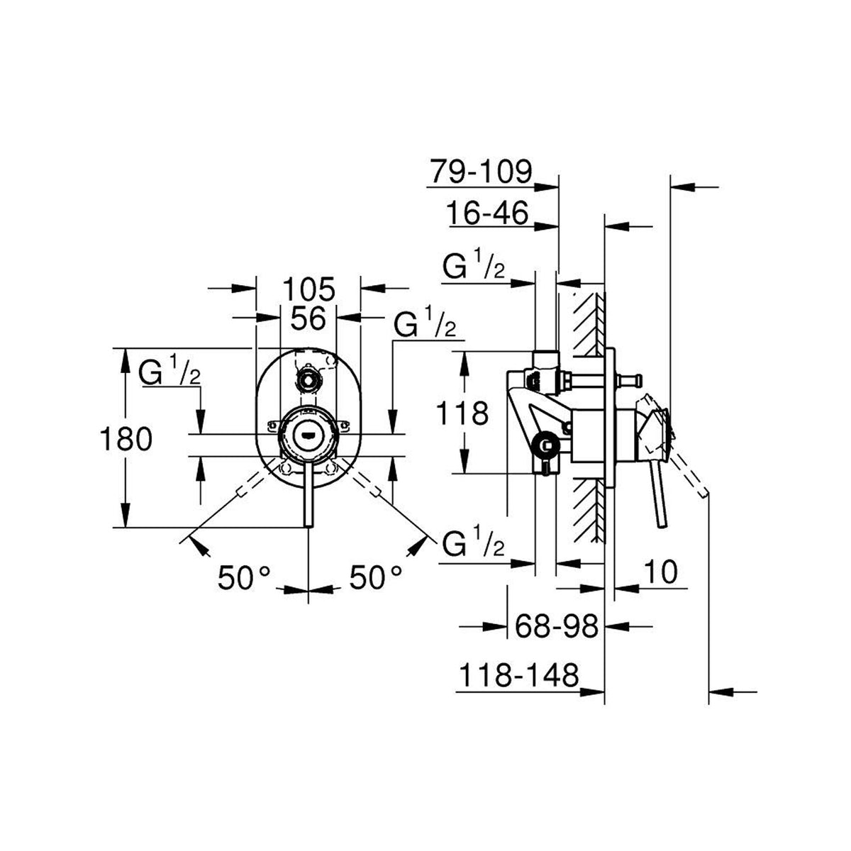 Grohe BauClassic Ankastre Banyo/Duş Bataryası - Teknik Çizim