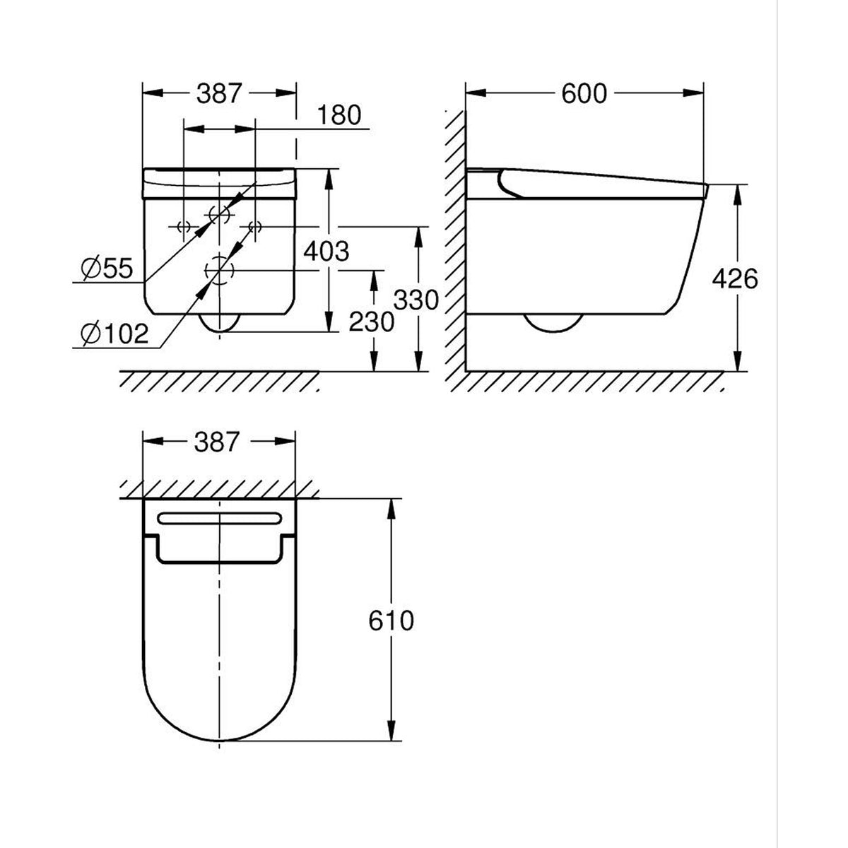 Grohe Sensia Akıllı Klozet Sistemi, Alp Beyazı - Teknik Çizim