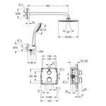 Grohe Grohtherm Rainshower Cosmopolitan 210 Ankastre Banyo/Duş Bataryası, Tepe ve El Duşu Seti - Teknik Çizim