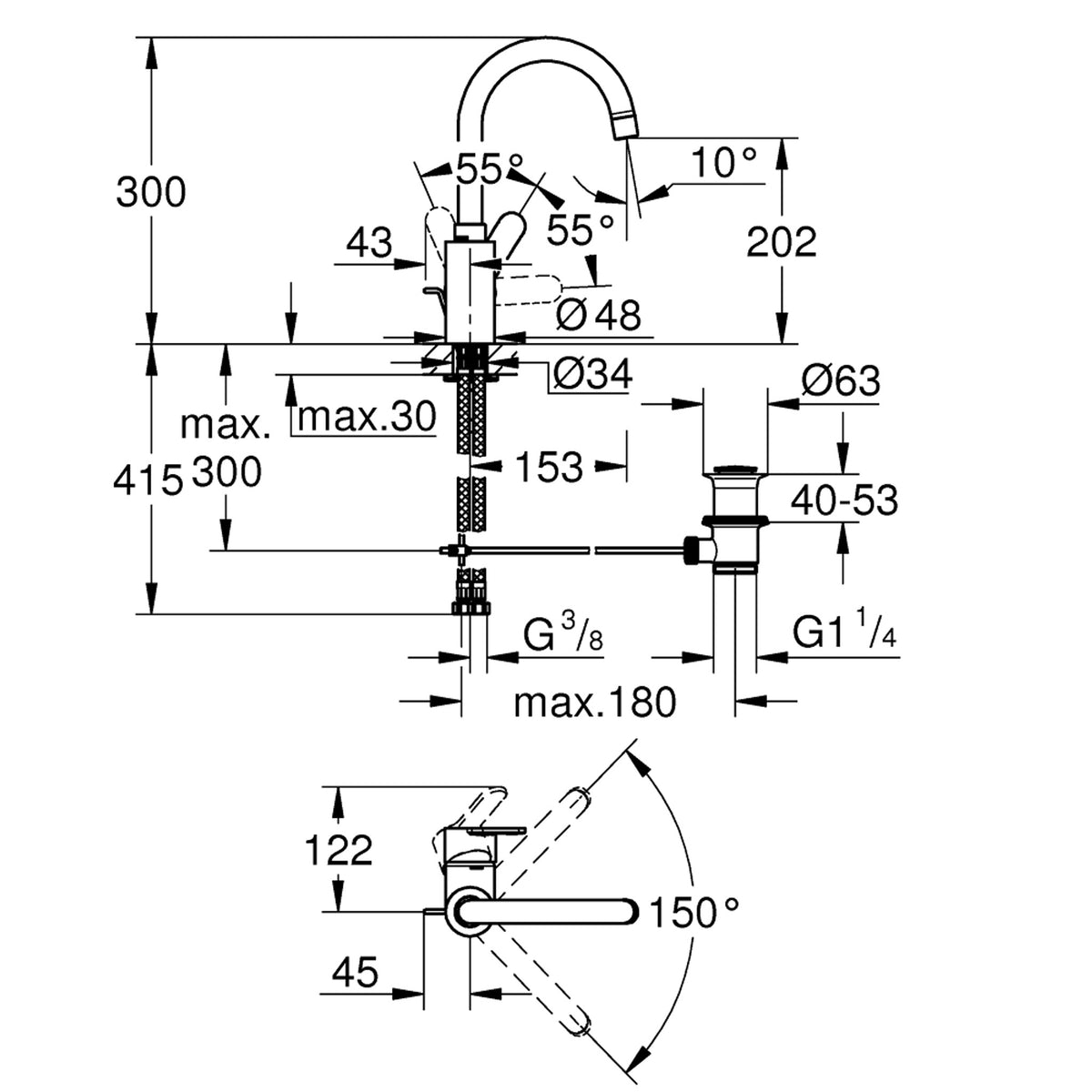 Grohe Eurostyle Yüksek Lavabo Bataryası, Sifon Kumandalı - Teknik Çizim