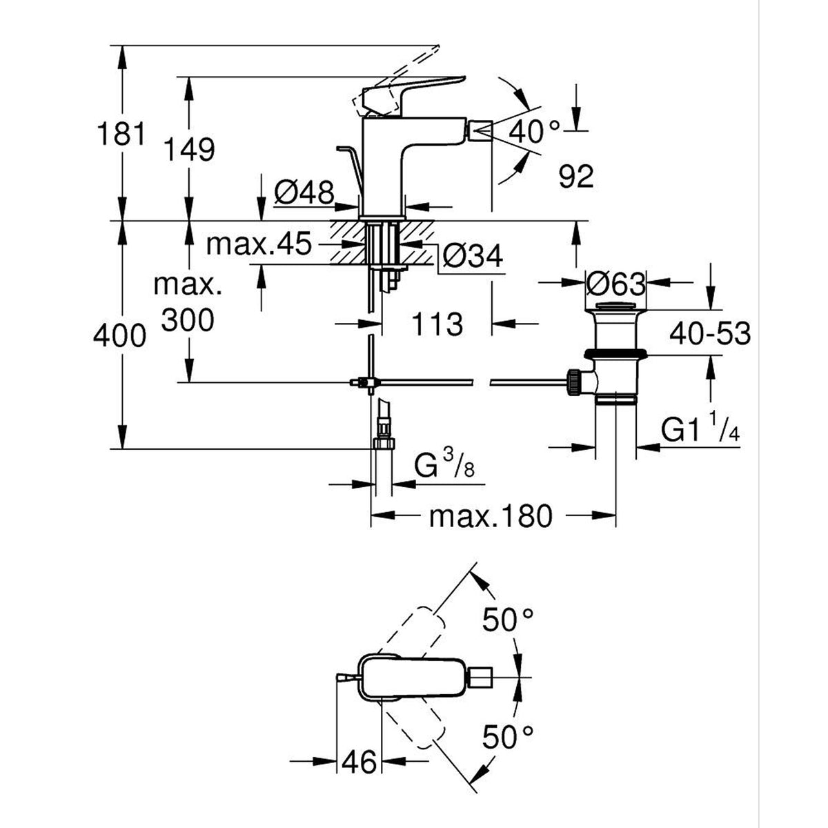 Grohe Cubeo Sifon Kumandalı Bide Bataryası, Mat Siyah (S-Boy) - Teknik Çizim