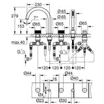 Grohe Atrio Private Collection 5 Delikli Ankastre Küvet Bataryası (Sıva Üstü Grubu), Fırçalı Sert Grafit - Teknik Çizim