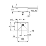 Grohe K700 Tek Gözlü Eviye, Paslanmaz Çelik (55x45 cm) - Teknik Çizim
