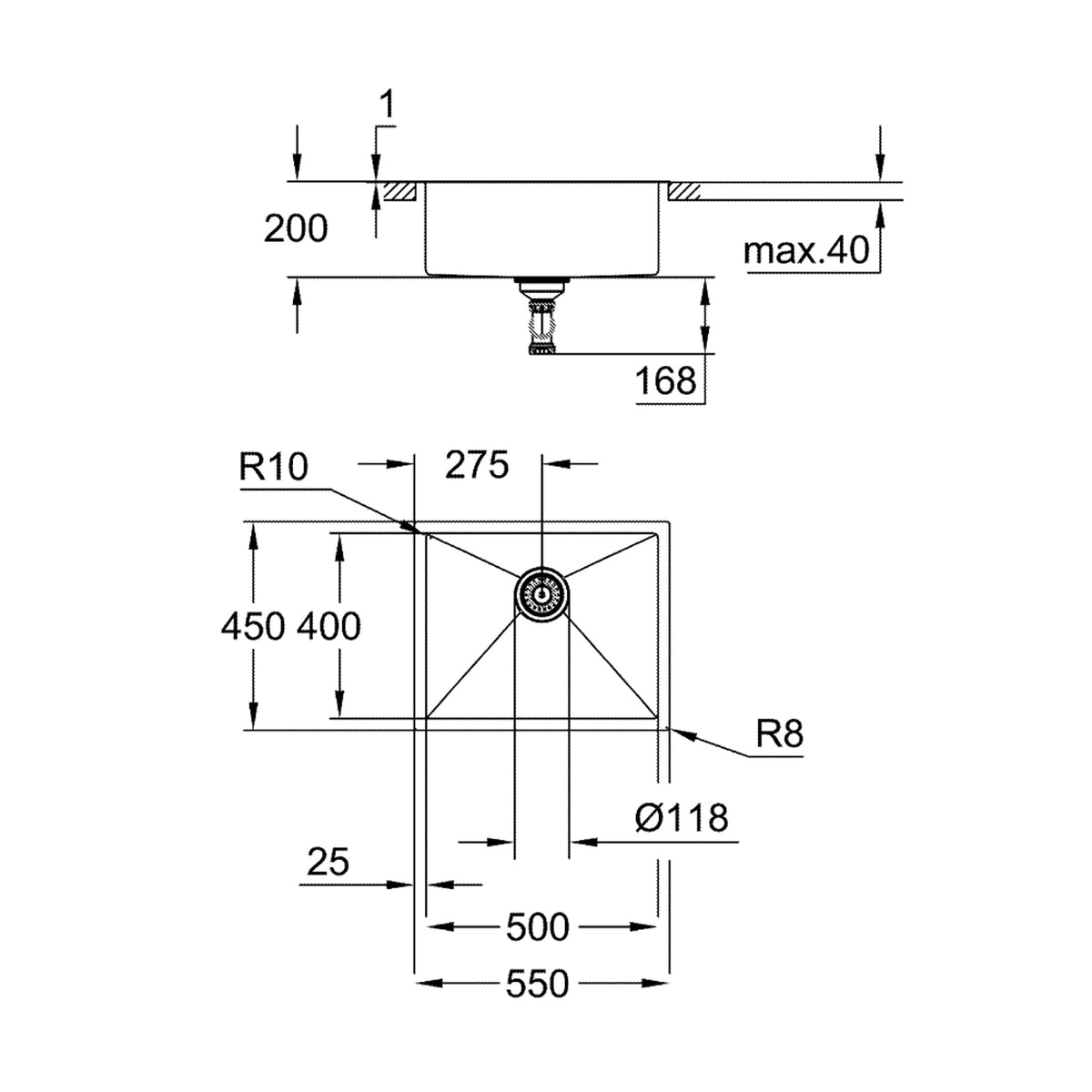 Grohe K700 Tek Gözlü Eviye, Paslanmaz Çelik (55x45 cm) - Teknik Çizim