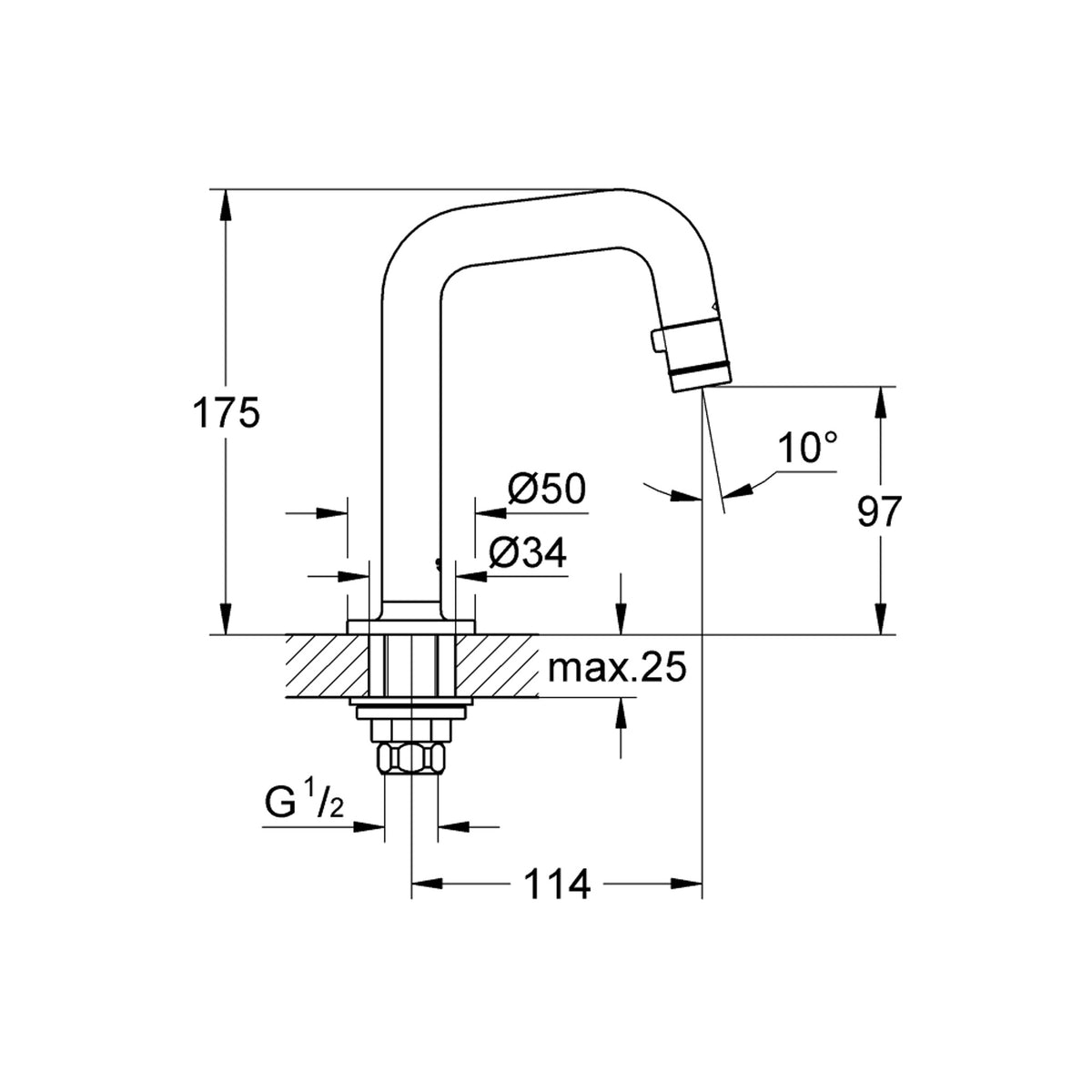 Grohe Lavabodan Musluk, Tek Su Girişli - Teknik Çizim