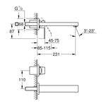 Grohe Eurocube Ankastre Lavabo Bataryası (Sıva Üstü Grubu), Fırçalı Sert Grafit - Teknik Çizim